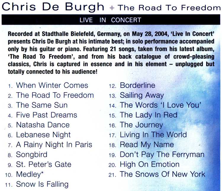 Chris De Burgh DVD LIVE IN CONCERT The Road To Freedom